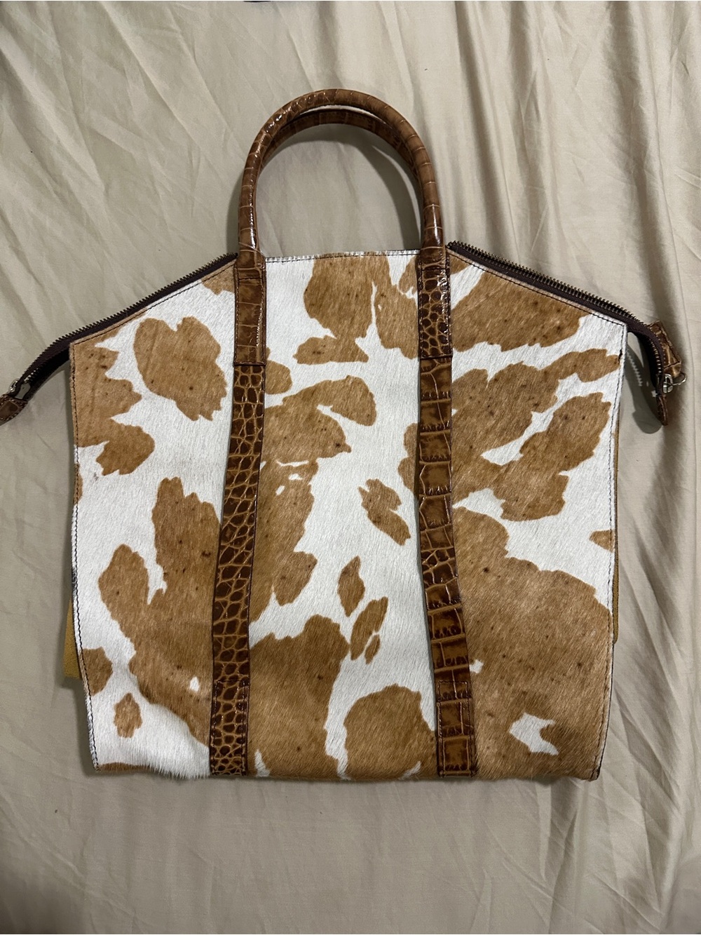 Garnet Hill White and Brown Cowhide Tote with Croc-Textured Trim